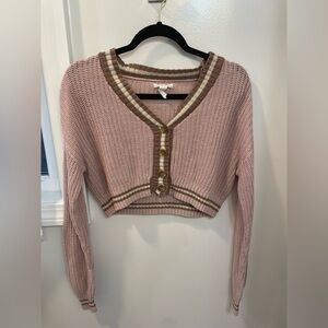 Full Tilt Pink Cropped Knit Cardigan with Brown Accents